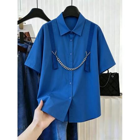 BY14861# 短袖衬衣女潮牌原创设计高级感链条蓝色学院风宽松显白衬衫 服裝批發女裝批發服飾貨源