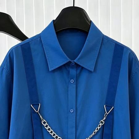 BY14861# 短袖衬衣女潮牌原创设计高级感链条蓝色学院风宽松显白衬衫 服裝批發女裝批發服飾貨源
