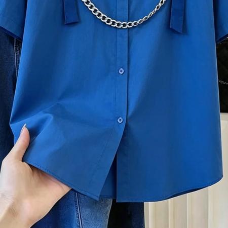 BY14861# 短袖衬衣女潮牌原创设计高级感链条蓝色学院风宽松显白衬衫 服裝批發女裝批發服飾貨源