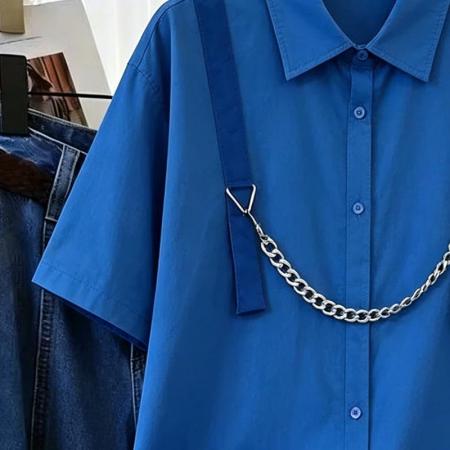 BY14861# 短袖衬衣女潮牌原创设计高级感链条蓝色学院风宽松显白衬衫 服裝批發女裝批發服飾貨源
