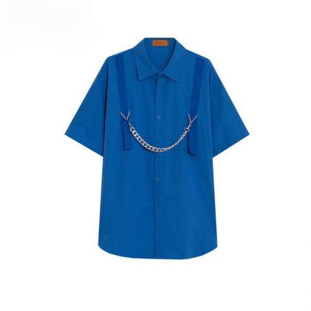 BY14861# 短袖衬衣女潮牌原创设计高级感链条蓝色学院风宽松显白衬衫 服裝批發女裝批發服飾貨源