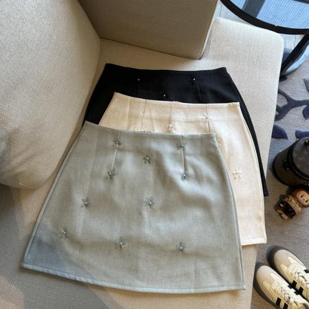 BY14862# 法式MIU系手工立体花朵装饰A字裙摆高腰半身裙钉珠半身裙女 服裝批發女裝批發服飾貨源