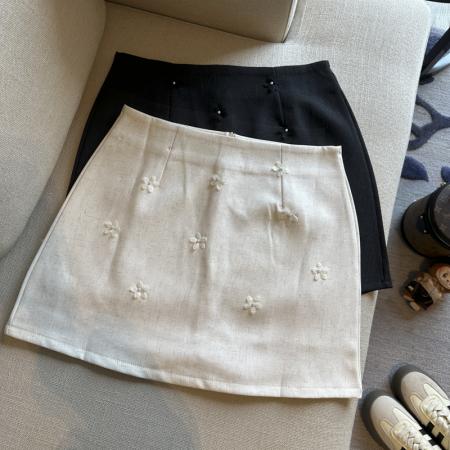 BY14862# 法式MIU系手工立体花朵装饰A字裙摆高腰半身裙钉珠半身裙女 服裝批發女裝批發服飾貨源