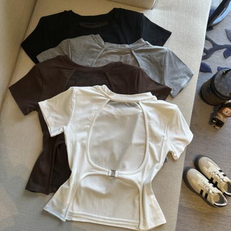 BY14864# 春夏圆领网纱露背洋气短袖T恤女装小众修身显瘦上衣 服裝批發女裝批發服飾貨源