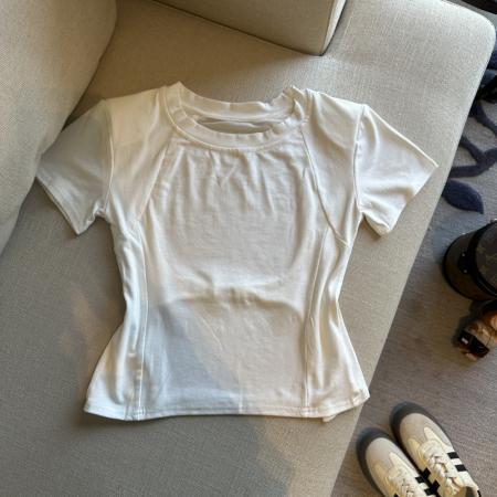 BY14864# 春夏圆领网纱露背洋气短袖T恤女装小众修身显瘦上衣 服裝批發女裝批發服飾貨源