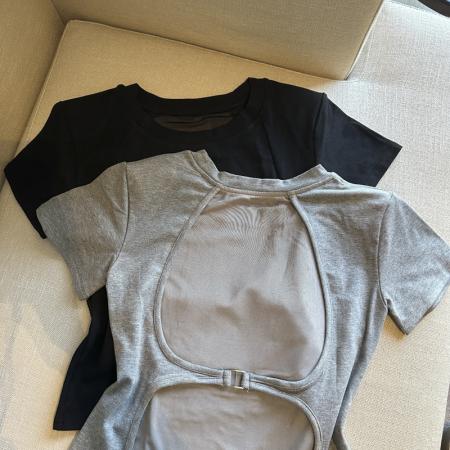 BY14864# 春夏圆领网纱露背洋气短袖T恤女装小众修身显瘦上衣 服裝批發女裝批發服飾貨源