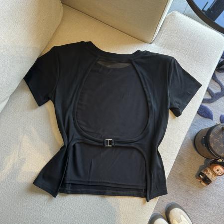 BY14864# 春夏圆领网纱露背洋气短袖T恤女装小众修身显瘦上衣 服裝批發女裝批發服飾貨源