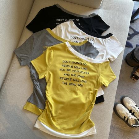 BY14865# 夏季新款韩版时尚斜肩字母印花短袖T恤女修身显瘦百搭上衣女 服裝批發女裝批發服飾貨源