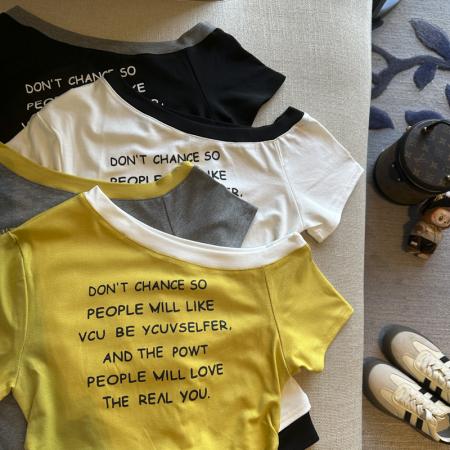 BY14865# 夏季新款韩版时尚斜肩字母印花短袖T恤女修身显瘦百搭上衣女 服裝批發女裝批發服飾貨源