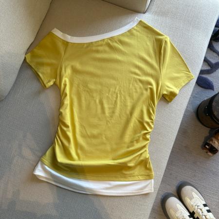 BY14865# 夏季新款韩版时尚斜肩字母印花短袖T恤女修身显瘦百搭上衣女 服裝批發女裝批發服飾貨源