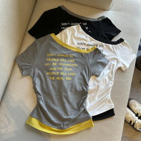 BY14865# 夏季新款韩版时尚斜肩字母印花短袖T恤女修身显瘦百搭上衣女 服裝批發女裝批發服飾貨源