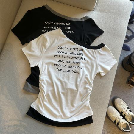 BY14865# 夏季新款韩版时尚斜肩字母印花短袖T恤女修身显瘦百搭上衣女 服裝批發女裝批發服飾貨源