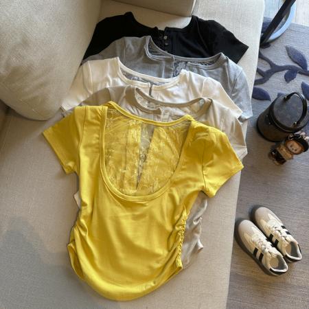 BY14866# 纯欲辣妹后背镂空蕾丝拼接打底衫春季新款修身显瘦上衣 服裝批發女裝批發服飾貨源