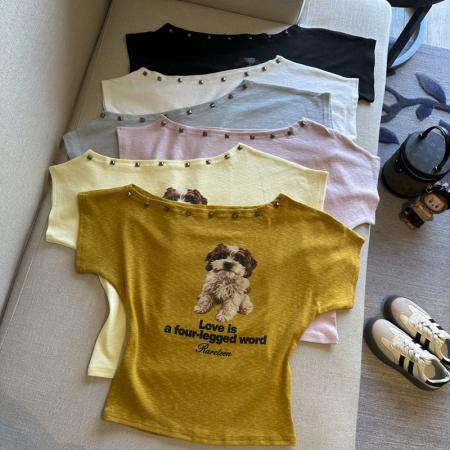 春夏新款露肩上衣女铆钉斜肩显瘦...