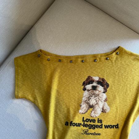 BY14867# 春夏新款露肩上衣女铆钉斜肩显瘦小狗印花短袖T恤 服裝批發女裝批發服飾貨源