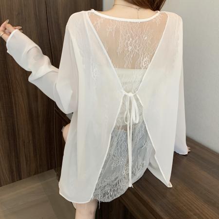 BY14868# 大码女装夏季新款蕾丝拼接系带雪纺防晒衫 服裝批發女裝批發服飾貨源