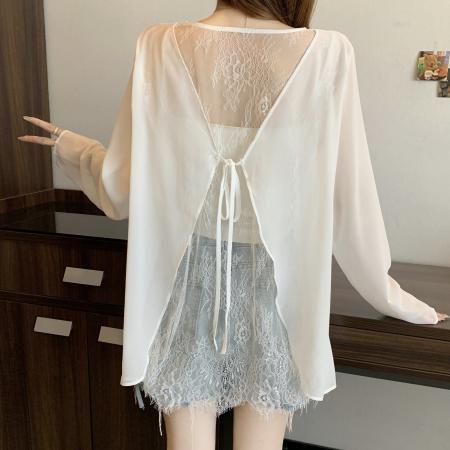 BY14868# 大码女装夏季新款蕾丝拼接系带雪纺防晒衫 服裝批發女裝批發服飾貨源