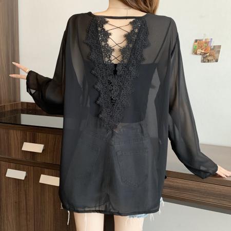 大码女装夏季新款开叉露背蕾丝拼...