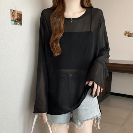 BY14869# 大码女装夏季新款开叉露背蕾丝拼接绑带雪纺上衣防晒衫 服裝批發女裝批發服飾貨源