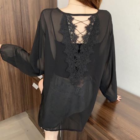 BY14869# 大码女装夏季新款开叉露背蕾丝拼接绑带雪纺上衣防晒衫 服裝批發女裝批發服飾貨源