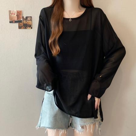 BY14869# 大码女装夏季新款开叉露背蕾丝拼接绑带雪纺上衣防晒衫 服裝批發女裝批發服飾貨源