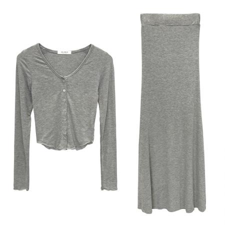 BY14870# 韩国东大门修身性感纯欲显身材短款长袖开衫+鱼尾半身裙两件套女 服裝批發女裝批發服飾貨源