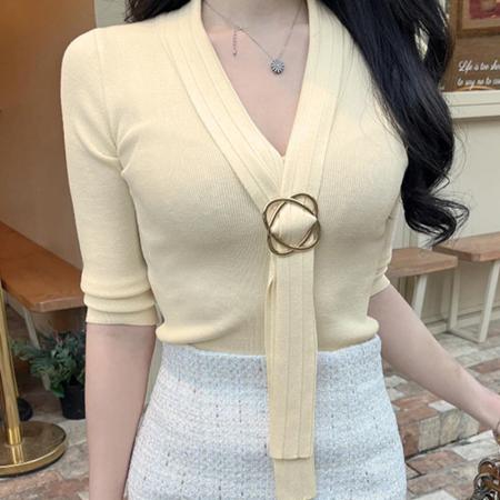 BY14871# 韩国东大门气质百搭修身显瘦性感纯欲风女人味飘带设计针织衫上衣 服裝批發女裝批發服飾貨源