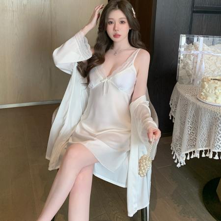 BY14874# 性感睡衣春夏吊带睡裙睡袍两件套缎面冰丝带胸垫高级感家居服 睡裙批发睡衣批发家居服批发