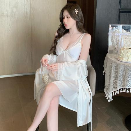 BY14874# 性感睡衣春夏吊带睡裙睡袍两件套缎面冰丝带胸垫高级感家居服 睡裙批发睡衣批发家居服批发