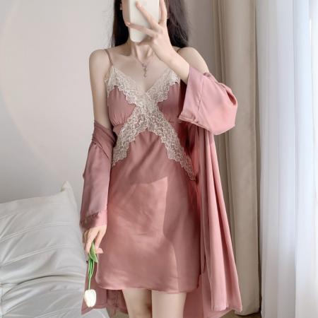 BY14875# 网图爆款吊带睡裙睡袍两件套夏季性感睡衣女缎面蕾丝高级感家居服 睡裙批发睡衣批发家居服批发