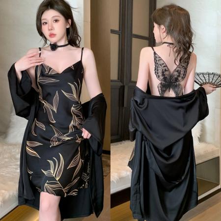 BY14877# 性感睡衣缎面冰丝吊带睡裙睡袍套装后背蝴蝶蕾丝高级感家居服 睡裙批发睡衣批发家居服批发