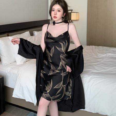 BY14877# 性感睡衣缎面冰丝吊带睡裙睡袍套装后背蝴蝶蕾丝高级感家居服 睡裙批发睡衣批发家居服批发