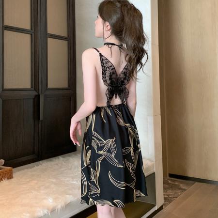 BY14877# 性感睡衣缎面冰丝吊带睡裙睡袍套装后背蝴蝶蕾丝高级感家居服 睡裙批发睡衣批发家居服批发