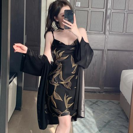 BY14877# 性感睡衣缎面冰丝吊带睡裙睡袍套装后背蝴蝶蕾丝高级感家居服 睡裙批发睡衣批发家居服批发