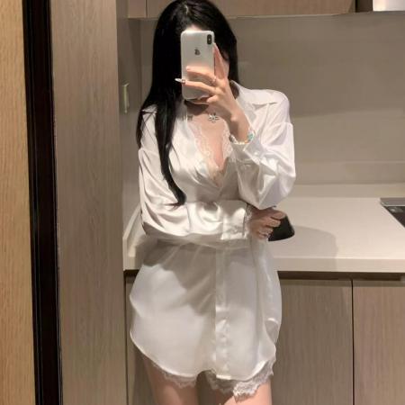 BY14878# 网络图性感睡衣白色长袖衬衫短裤套装缎面冰丝蕾丝花边纯欲家居服 睡裙批发睡衣批发家居服批发