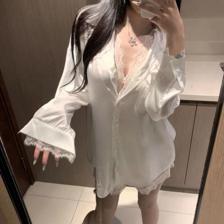 BY14878# 网络图性感睡衣白色长袖衬衫短裤套装缎面冰丝蕾丝花边纯欲家居服 睡裙批发睡衣批发家居服批发