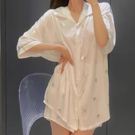 BY14879# 网络图性感睡衣女夏冰丝衬衫短裤套装中长款宽松高级感家居服 睡裙批发睡衣批发家居服批发