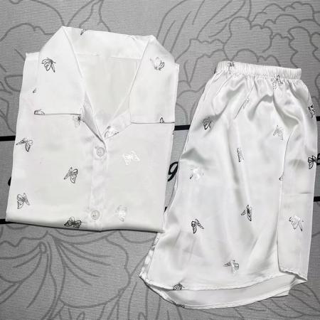 BY14879# 网络图性感睡衣女夏冰丝衬衫短裤套装中长款宽松高级感家居服 睡裙批发睡衣批发家居服批发