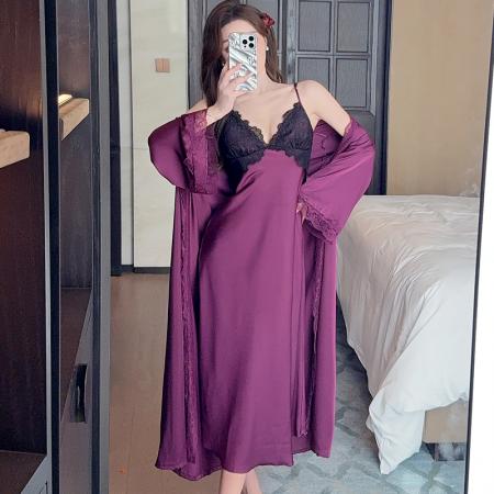 BY14882# 性感睡衣女长款吊带睡裙睡袍两件套缎面蕾丝美背带胸垫家居服 睡裙批发睡衣批发家居服批发