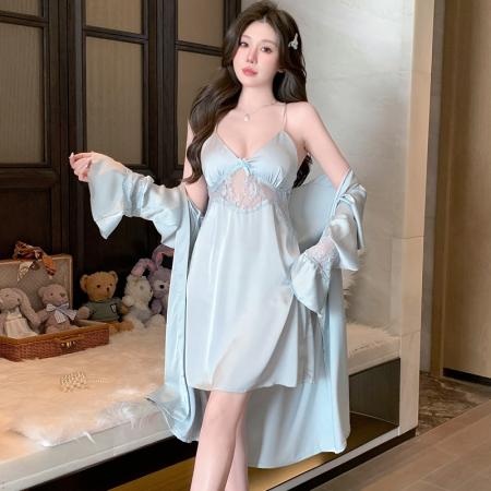 BY14884# 新款性感睡衣女冰丝吊带睡裙睡袍两件套蕾丝花边带胸垫家居服 睡裙批发睡衣批发家居服批发