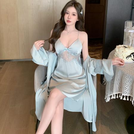 BY14884# 新款性感睡衣女冰丝吊带睡裙睡袍两件套蕾丝花边带胸垫家居服 睡裙批发睡衣批发家居服批发