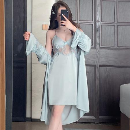 BY14884# 新款性感睡衣女冰丝吊带睡裙睡袍两件套蕾丝花边带胸垫家居服 睡裙批发睡衣批发家居服批发