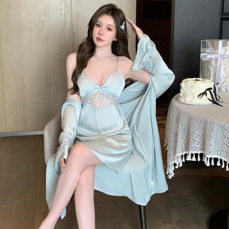 BY14884# 新款性感睡衣女冰丝吊带睡裙睡袍两件套蕾丝花边带胸垫家居服 睡裙批发睡衣批发家居服批发