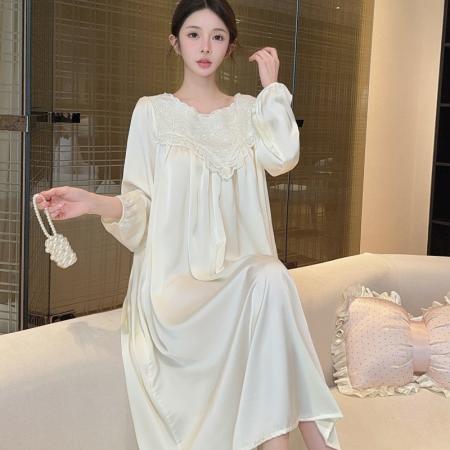 BY14886# 春夏新款睡衣女长袖冰丝睡裙长款蕾丝宽松高级感轻奢风家居服 睡裙批发睡衣批发家居服批发