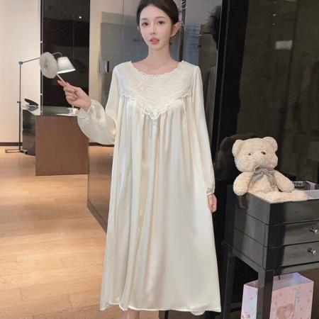 BY14886# 春夏新款睡衣女长袖冰丝睡裙长款蕾丝宽松高级感轻奢风家居服 睡裙批发睡衣批发家居服批发