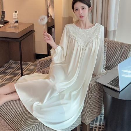 BY14886# 春夏新款睡衣女长袖冰丝睡裙长款蕾丝宽松高级感轻奢风家居服 睡裙批发睡衣批发家居服批发
