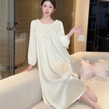 BY14886# 春夏新款睡衣女长袖冰丝睡裙长款蕾丝宽松高级感轻奢风家居服 睡裙批发睡衣批发家居服批发
