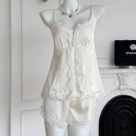 BY14887# 网图性感睡衣女冰丝吊带短裤套装蕾丝花边高级感轻奢带胸垫家居服 睡裙批发睡衣批发家居服批发