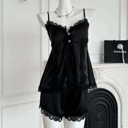 BY14887# 网图性感睡衣女冰丝吊带短裤套装蕾丝花边高级感轻奢带胸垫家居服 睡裙批发睡衣批发家居服批发