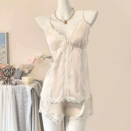 BY14887# 网图性感睡衣女冰丝吊带短裤套装蕾丝花边高级感轻奢带胸垫家居服 睡裙批发睡衣批发家居服批发